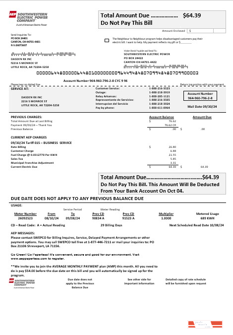 USA Louisiana AEP (Southwestern Electric Power Company) electricity business utility bill template in Word and PDF formats